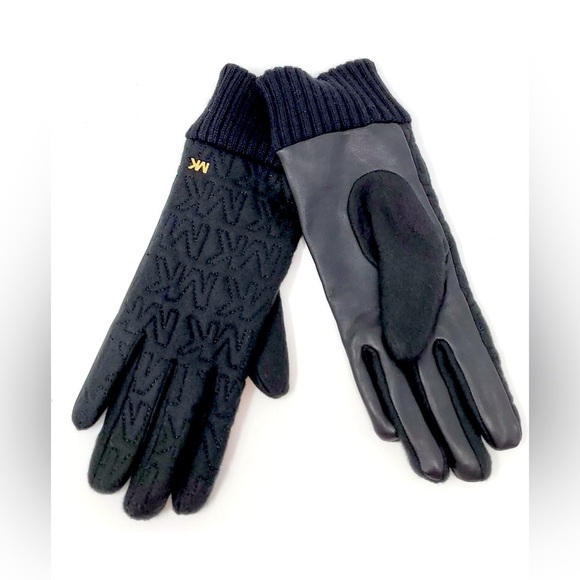 NWT MICHAEL KORS QUILTED LOGO DRIVING GLOVES WITH LEATHER TRIM BLACK - Picture 2 of 5